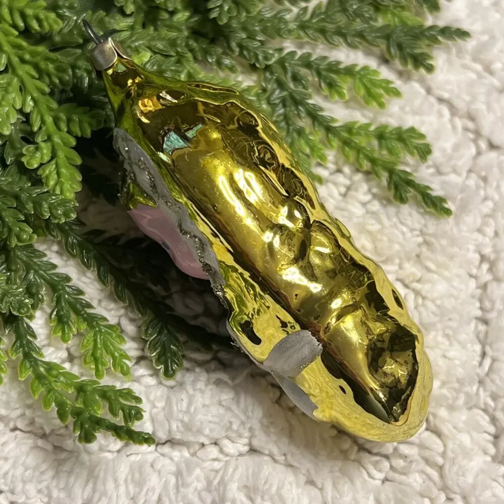 Vintage Hand Blown Glass Baby Swaddled in Blanket Bow Gold Christmas Ornament